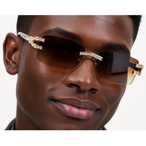 Rhinestone Sunglasses Rimless Buffs Brown Lens Fashion Shades Music Party Shades